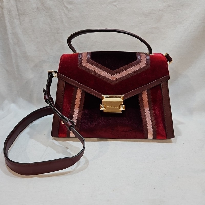 Michael Kors Whitney Tricolor Velvet Shoulder Bag Purse Burgundy Red Pink