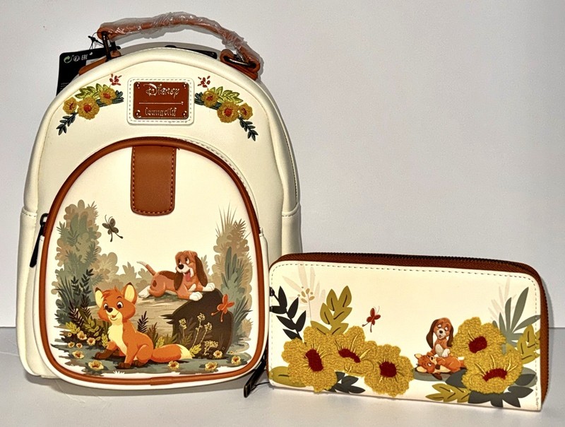 LOUNGEFLY DISNEY THE FOX AND THE HOUND FLORAL MINI BACKPACK & WALLET SET NWT