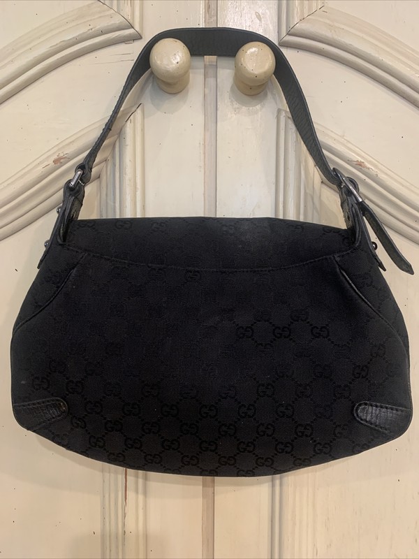Authentic Gucci Studded Horsebit Chain Black GG Canvas Shoulder Bag Logo gallery