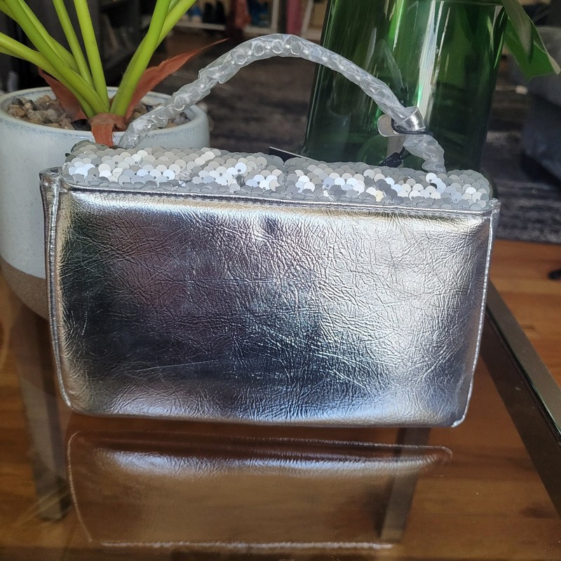 Nicole Miller Silver Sequin Handbag Chevron Quilted Crossbody Purse Evening Bag gallery