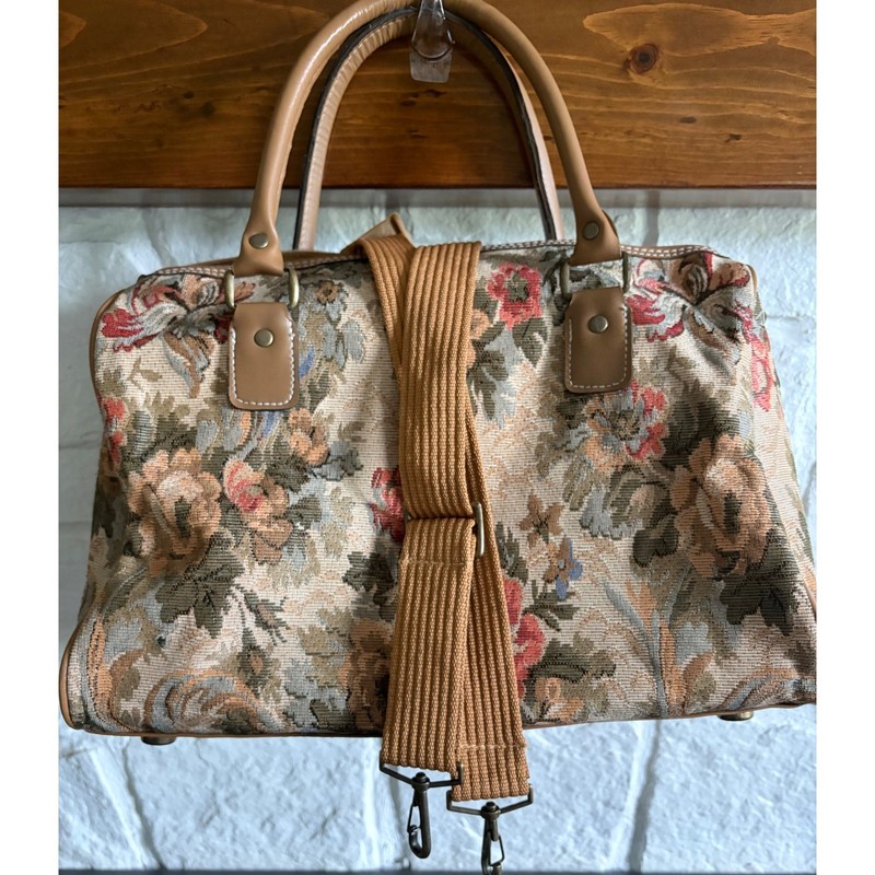 Vintage Leisure Luggage Floral Tapestry Weekender Bag Tan Travel Bag gallery