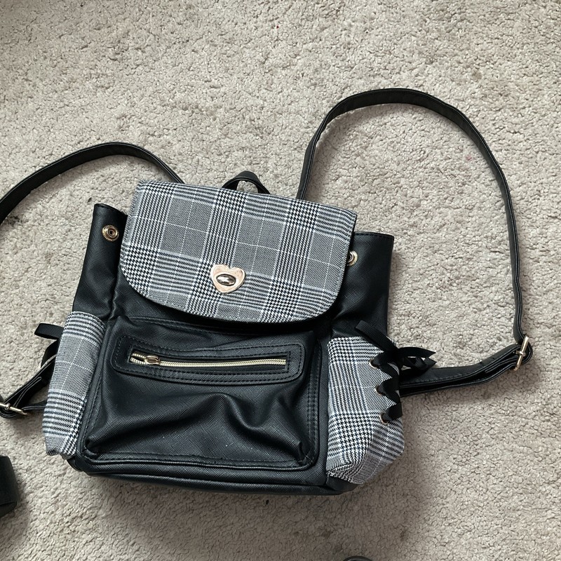 Black & Gray Plaid Mini Backpack Purse Zip Turn Lock Front Pocket Gold Hardware