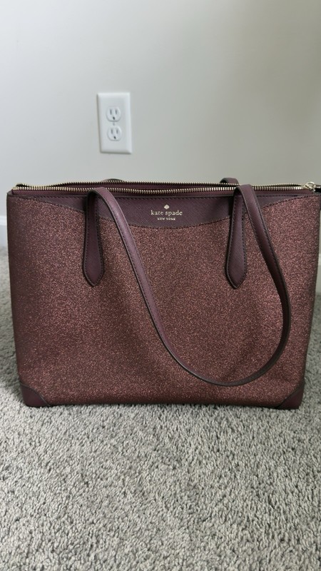 kate spade new york Burgundy Glitter Tote Shoulder Bag Zip Top, Inner Pockets