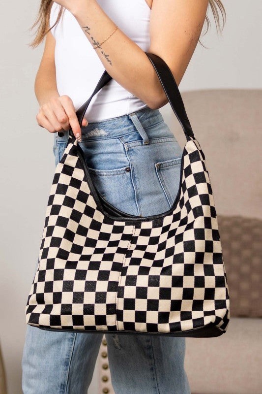 Checkered Mixed Media Hobo Bag