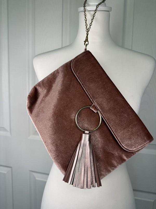 Boho Metallic Pink Clutch Velvet w/ Tassel & GOLD Chain Handle Evening Festival