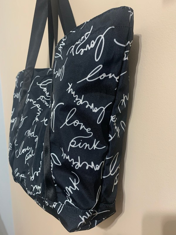 VICTORIAS SECRET PINK L Black & White Poly Canvas Zippered Shoulder TOTE BAG NEW gallery