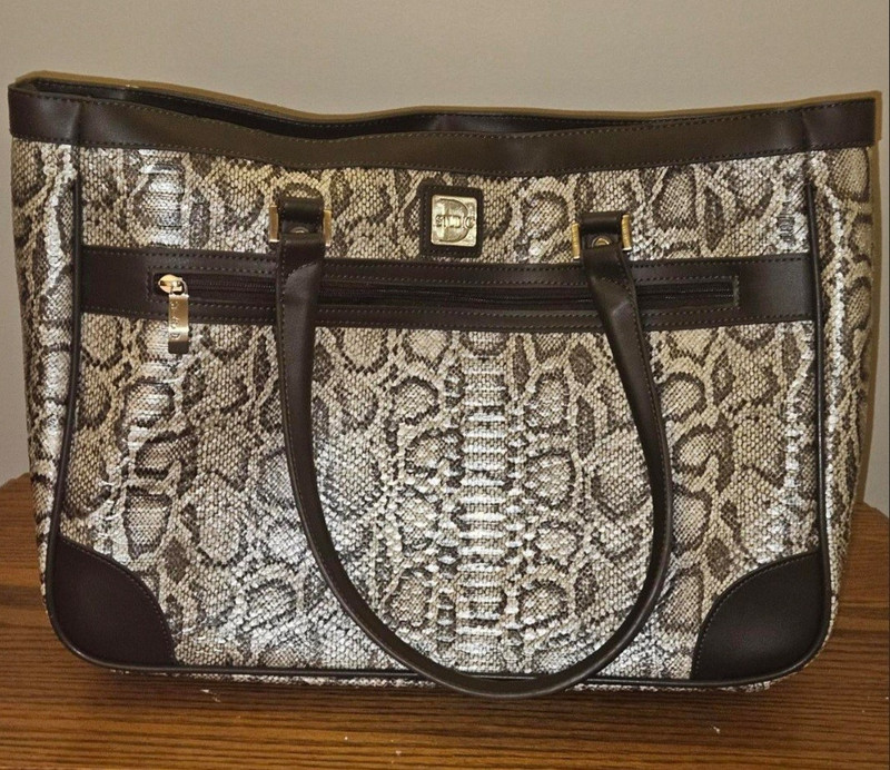 Snake Print Tote Bag Brown/Beige Zip Closure Double Handles Pink Lined Pockets