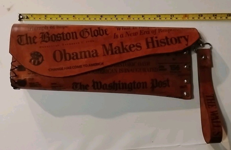 Handcrafted Leather Clutch Purse With President Obama Newspaper Headlines