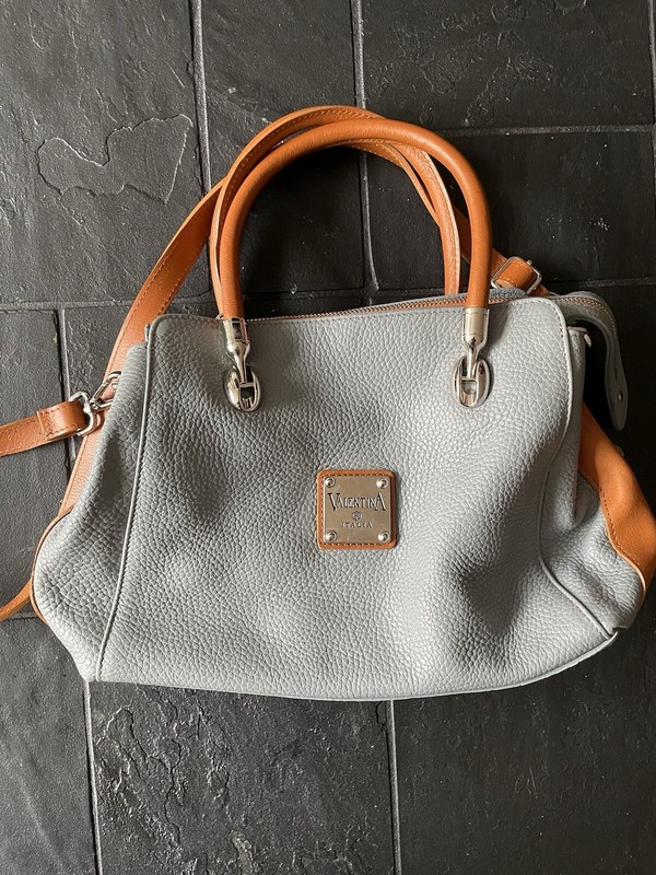 Valentina Leather Gray and Brown Shoulder Bag Purse Gold Hardware gallery