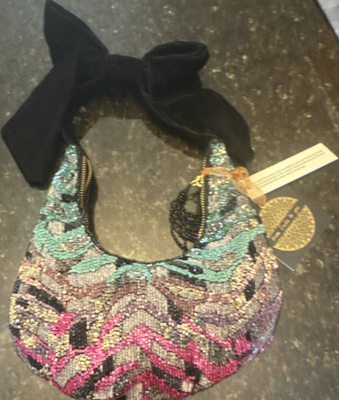 From Indie To You Beaded Crescent Shoulder Bag Bow Handle Zip Multicolor