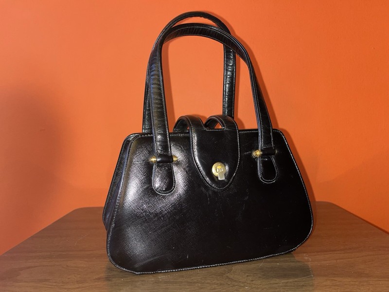 Vintage MILCH Black Leather Handbag Purse Handle • EUC