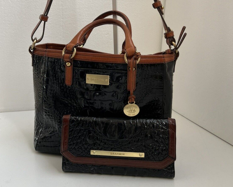 Brahmin Arno Black Croc Embossed Leather Satchel CrossBody HandBag &Wallet gallery