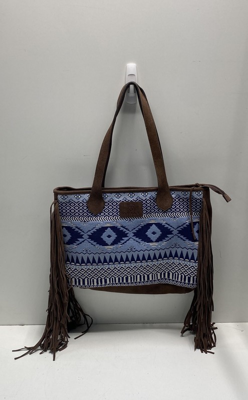 Ariat Blue Brown Southwestern Aztec Print Fringe Suede Trim Tote Bag Handbag