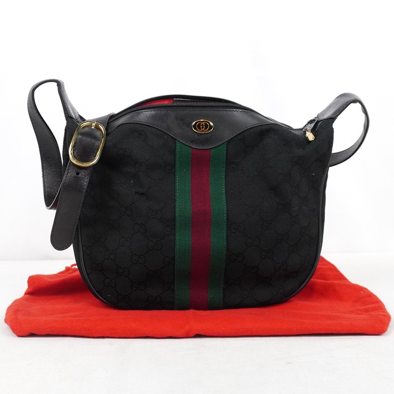 Gucci Vintage GG Canvas And Leather Shoulder Bag In Black With Web Stripe