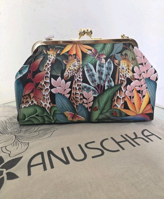 Anuschka Jungle Hand-Painted Leather Kiss Lock Clutch Crossbody Shoulder Purse