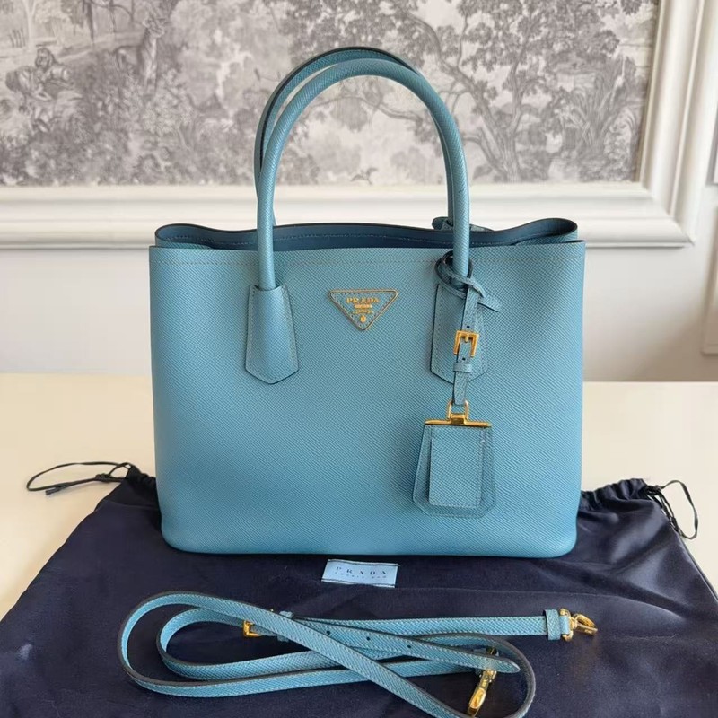 Prada Double Bag Blue Saffiano Leather Top Handle Tote Crossbody Bag 31cm