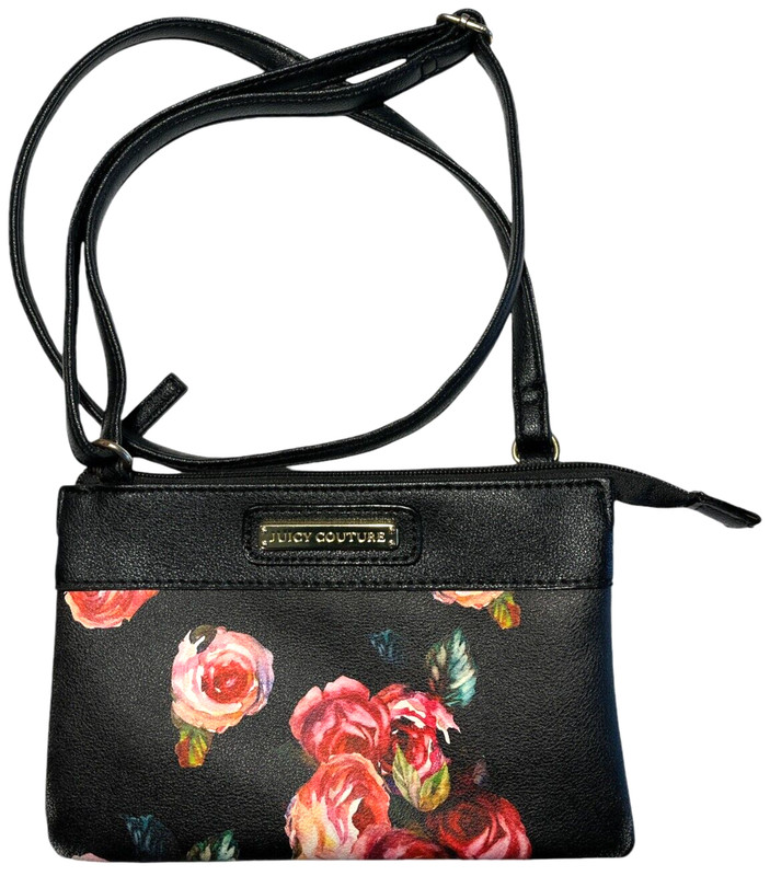 Juicy Couture Hipster Shoulder Bag Black Floral Logo 7 3/4 X 5X 2 1/4 Adjustable