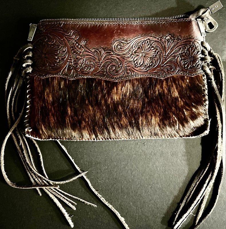 Montana West Western Leather Clutch Brown Fur Trim Fringe Embossed Floral Zipper