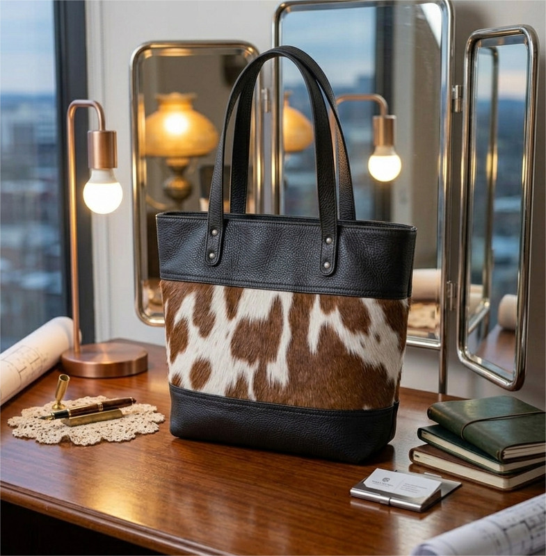 Leather Tote Bag For Women Cow Hair on Purse Black Western Shoulder Top Handbag