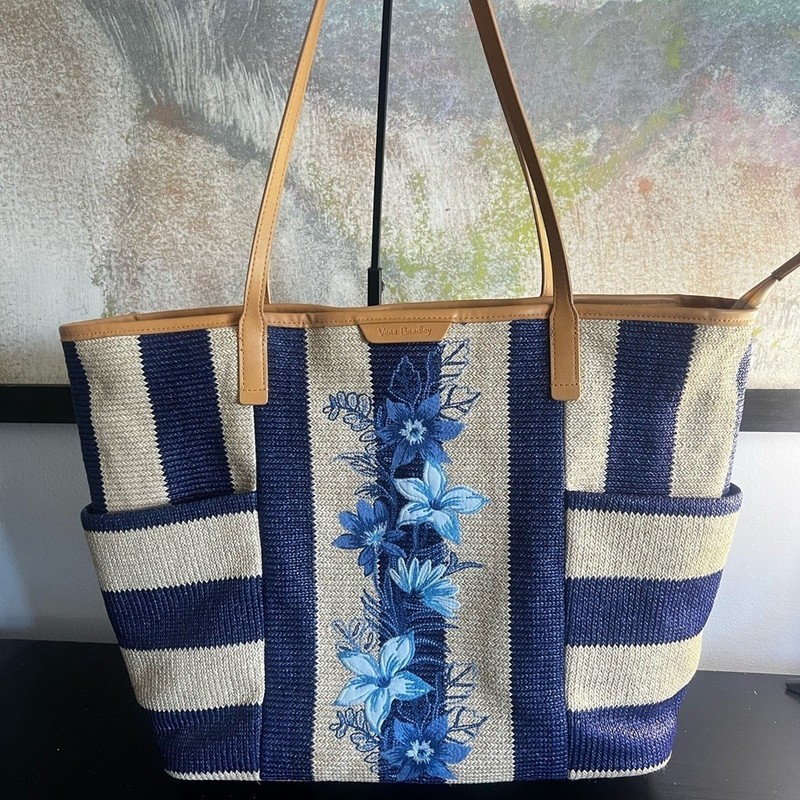 Vera Bradley Navy and Cream Floral-Embroidered Straw Tote with Tan Handles