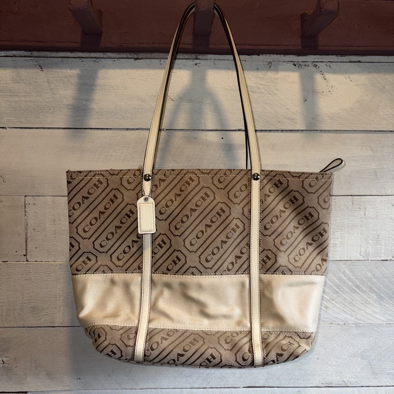 Coach Signature Lozenge Tote/Shoulder Bag in khaki /Off-white with leather trim