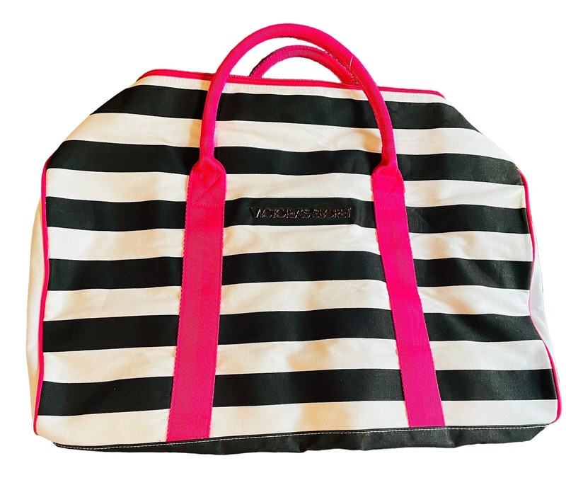 VICTORIA’S SECRET Pink White Black Stripes Duffle Bag Overnight Weekender New