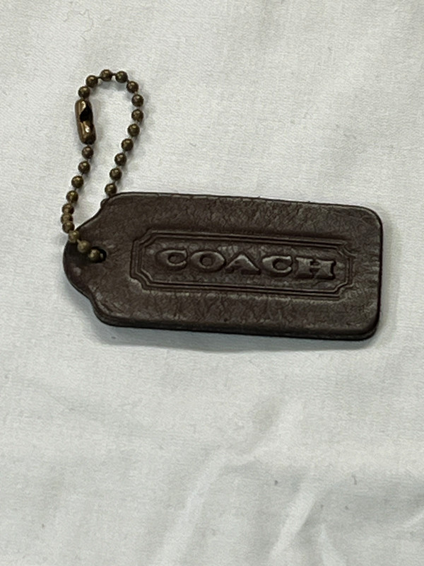 Vintage COACH 2.25″ Hang Tag Fob Bag Charm BROWN Leather BRASS Ball Chain