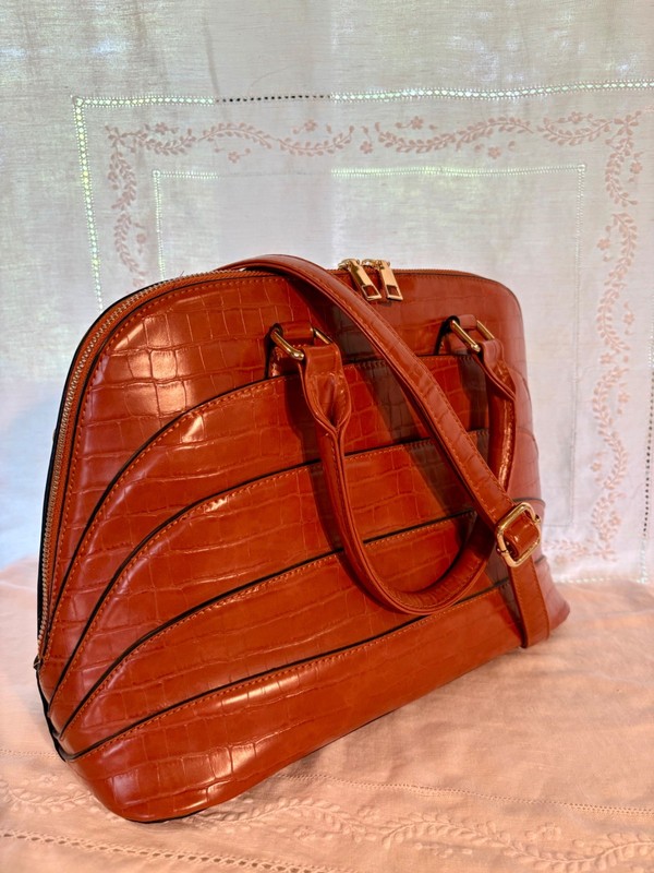 Cognac Croc Embossed Vegan Leather Clamshell Satchel Double Handle Zip Top Shoul