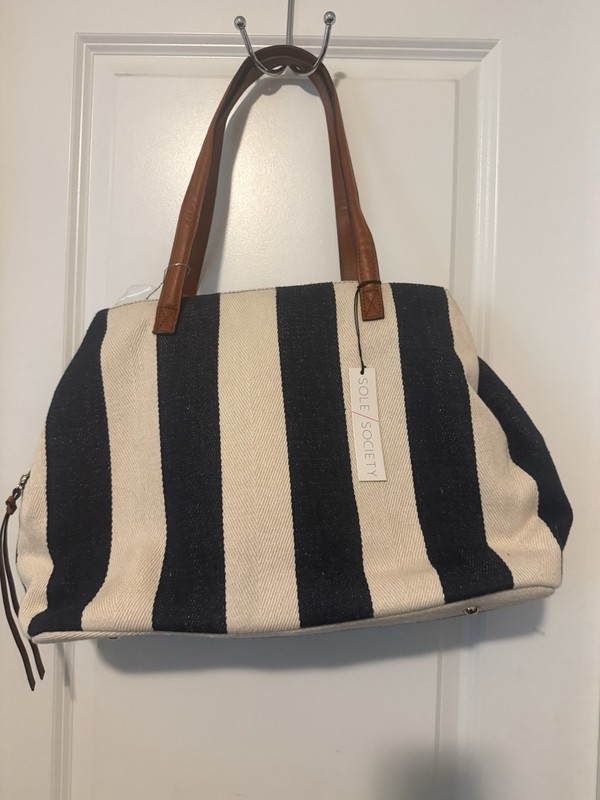 Sole Society Stripes Canvas, Bag, Navy, And Cream Color large Carryall