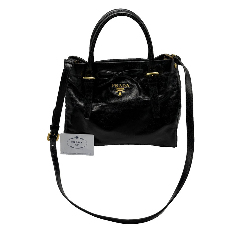Authentic Prada Ribbon Calf Leather Black 2Way Hand Bag Shoulder Bag Vintage gallery