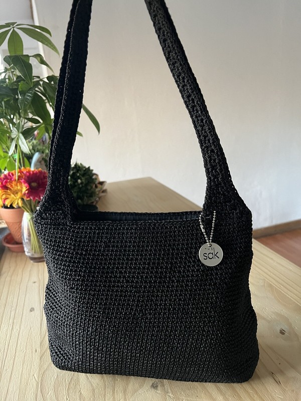 The Sak,Black Crochet Top Zipper, Classic Shoulder Nag