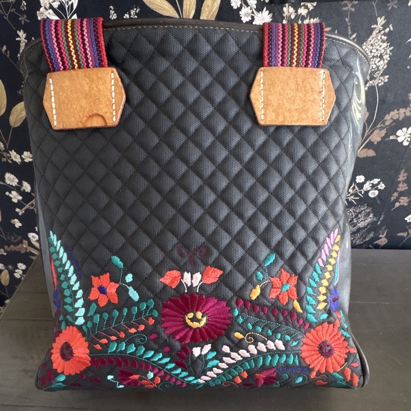 Consuela Silverlake Black Quilted Floral Embroidered Tote