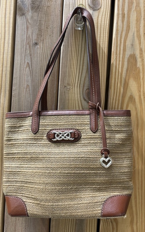 Brighton Interlok TARA Straw Tote Style Handbag Shoulder Double Handled W/Charm