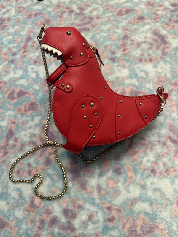 Dinosaur shoulder purse red faux leather gold chain T-rex crossbody