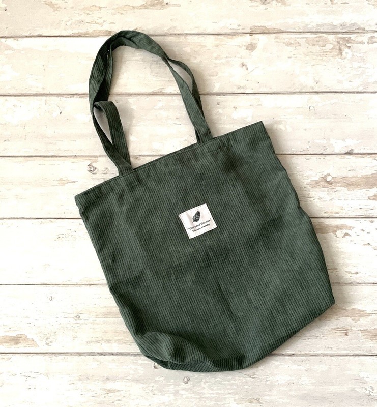 Corduroy Tote Bag Ribbed Green 100% Cotton Eco Reusable Purse Womens 14in x 14in