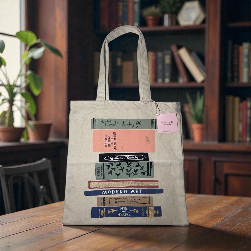 NWT KATE SPADE NEW YORK “Stack of Books” Canvas Tote Bag Classics Library Print