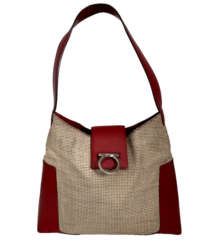 Vintage Salvatore Ferragamo Beige Maroon Leather Hobo Tapestry Shoulder Bag Y2K