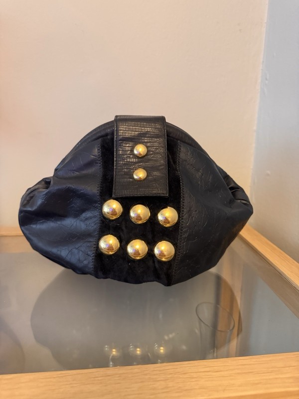 Vintage Leather and Suede Black Bag with Gold Studs Spring Closure & Strap