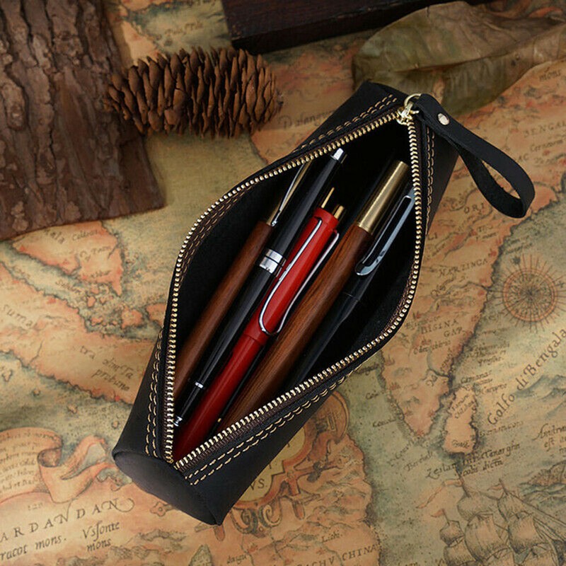 Retro Cowhide Leather Pen Pouch Zipper Pencil Case Stationery Storage Pen Bag gallery