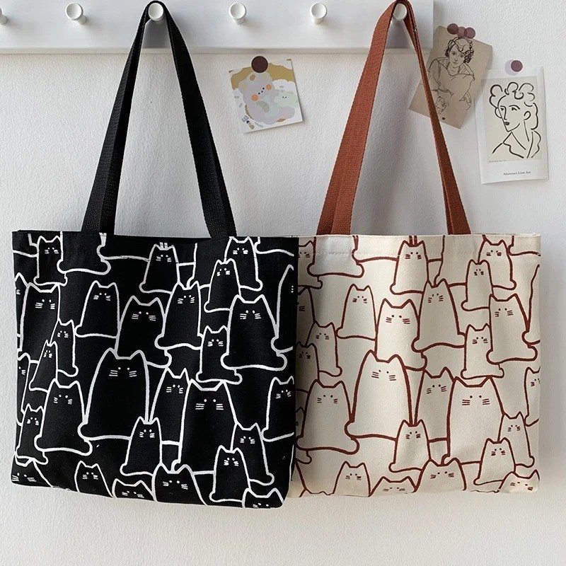 NEW CUTE CAT CANVAS TOTE SHOULDER BAG WITH ZIPPER KITTEN ALL OVER PRINT gallery