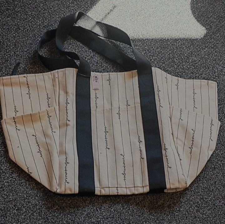 Victorias Secret Canvas Tote Bag Logo Pinstripe Black & Cream Large Travel Beach