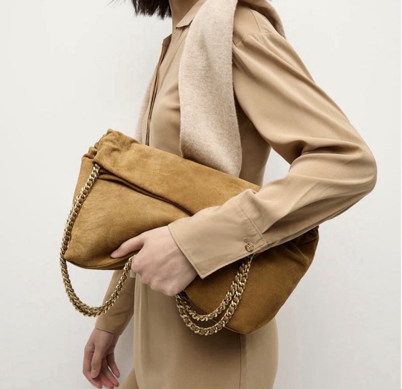 Veronica Beard Brown Suede Slouch Bag with Chain Strap