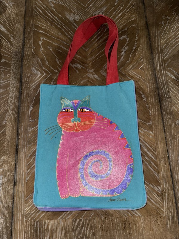 Vintage Laurel Burch Cat Tote Bag Teal Purple Pink Cotton Canvas