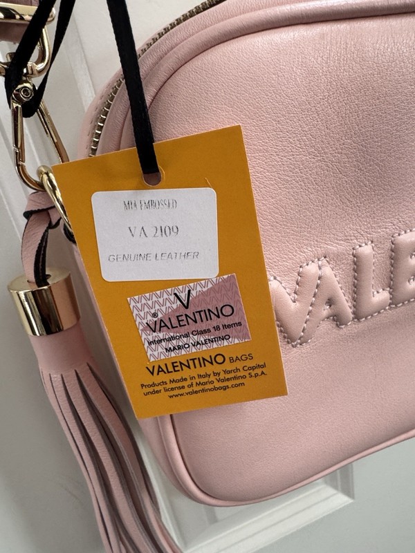 Valentino Pink Crossbody Bag Tassel Embossed Logo Zip Closure Gold Hardware gallery