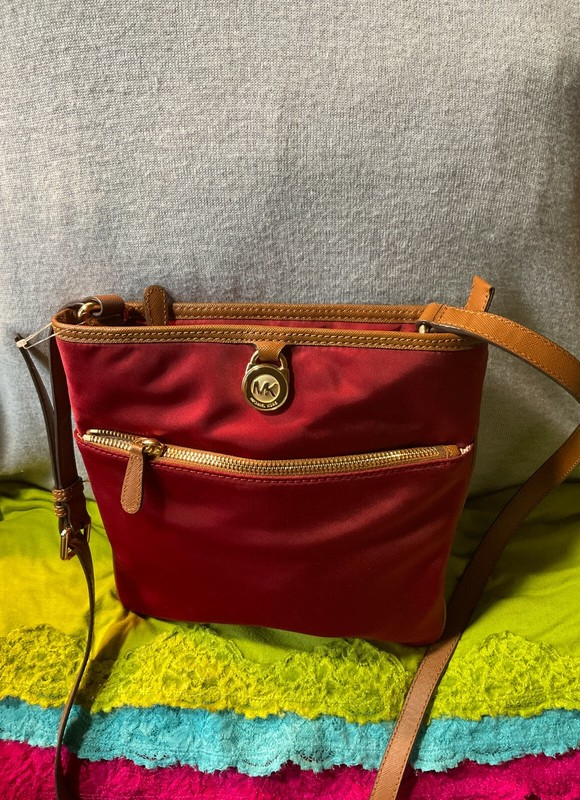 Michael Kors Wine/Red NylonJet Set Brown Leather Trim Zip Shoulder BagCrossbody