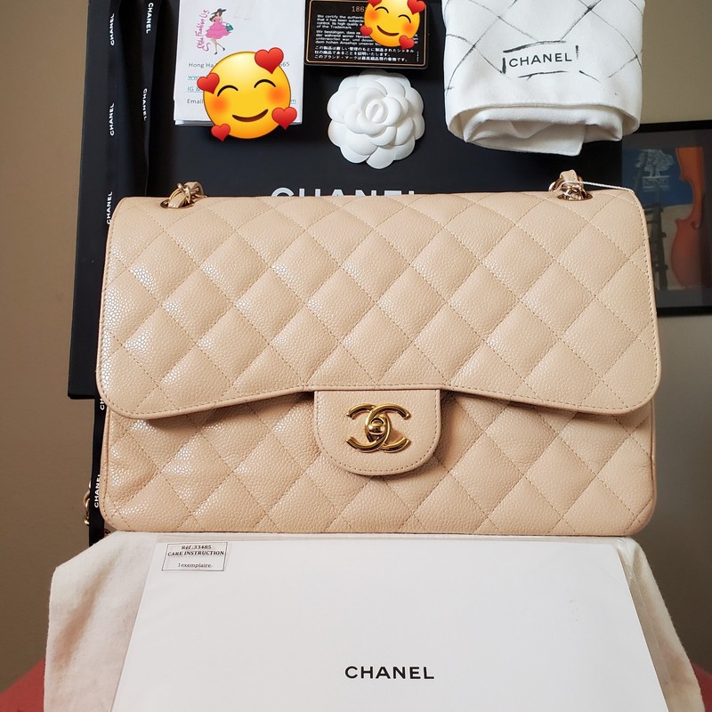 $12,600 CHANEL Classic Beige Ca viar Gold hw Jumbo double Flap Bag Serial 18
