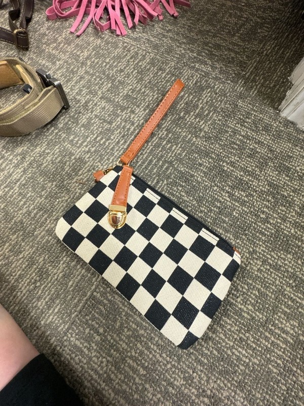 Black and White Checkered Canvas Wristlet Pouch