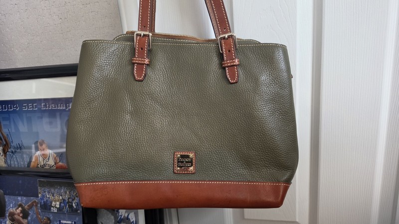Dooney & Bourke Green Pebbled Tote Zip Top, Brown Handles, Pink Lining