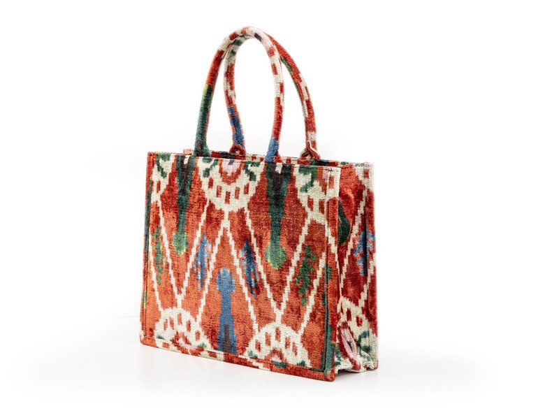 Luxury Tote Bag Handmade Ikat Silk Velvet Terracotta Cream – Artisan Statement