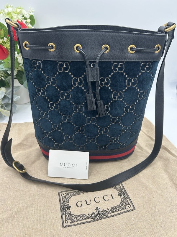 Women's Gucci OPHIDIA blue velvet bucket bag with leather trim, and web stripe